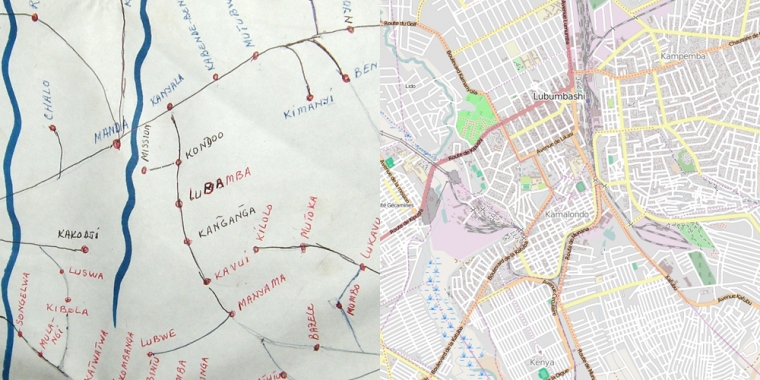 VExemple d'une carte dessinée à la main de Lubumbashi au Congo (provenant de MSF) et d'une carte Open Street Map.