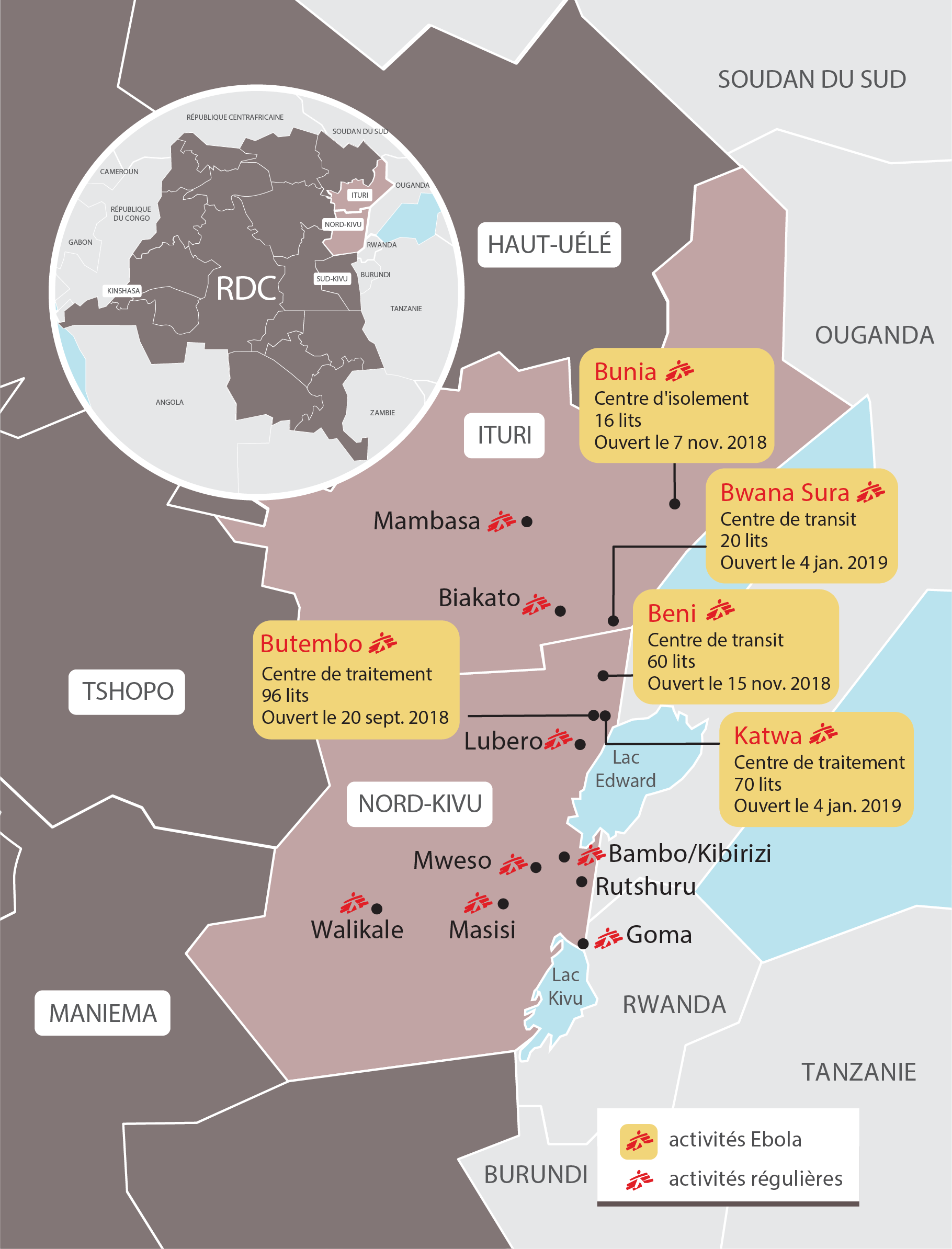 Carte des activités Ebola de MSF en RDC